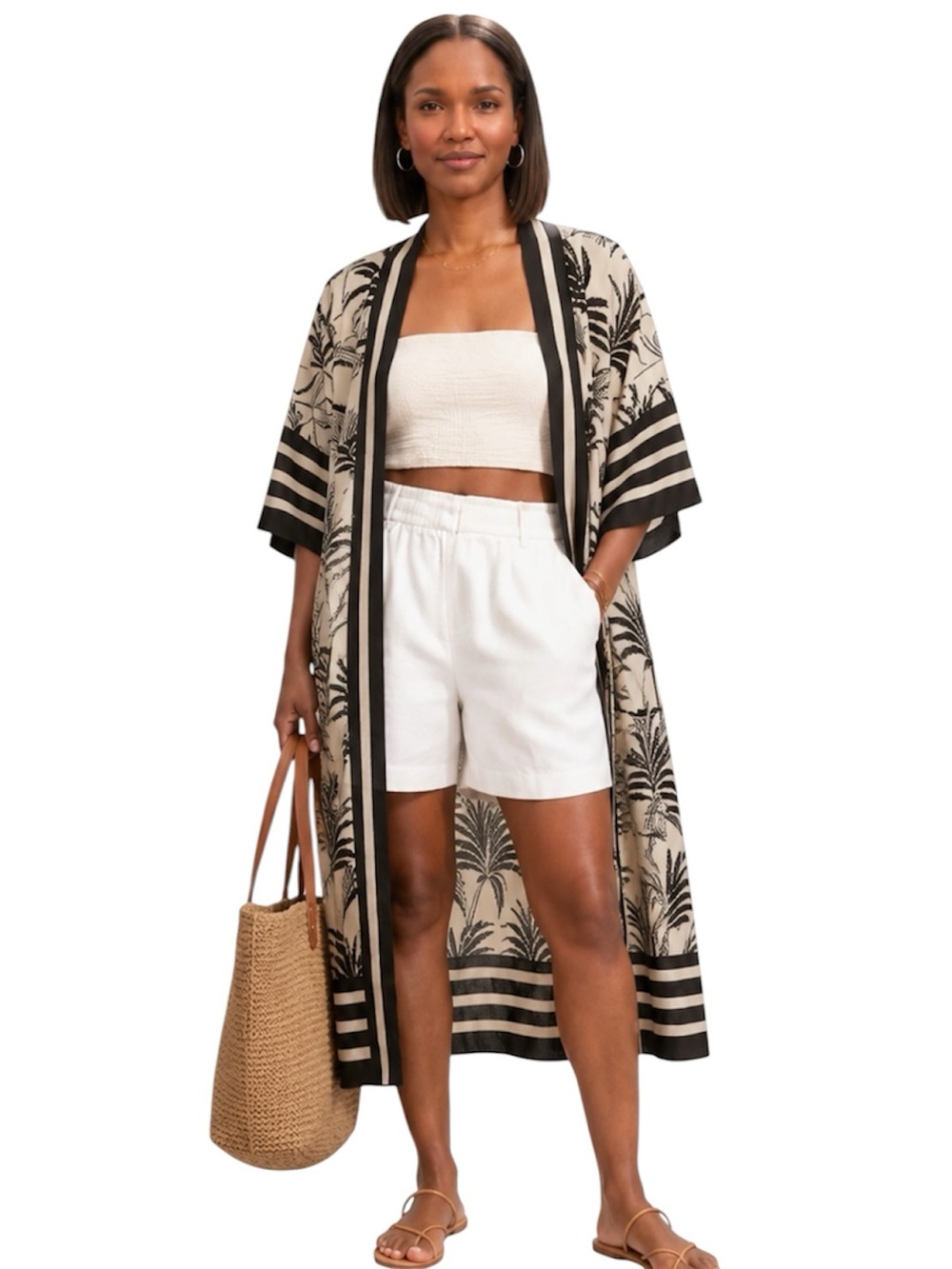 Steve Madden Long Kimono Style Cardigan Black White Floral Print One Size